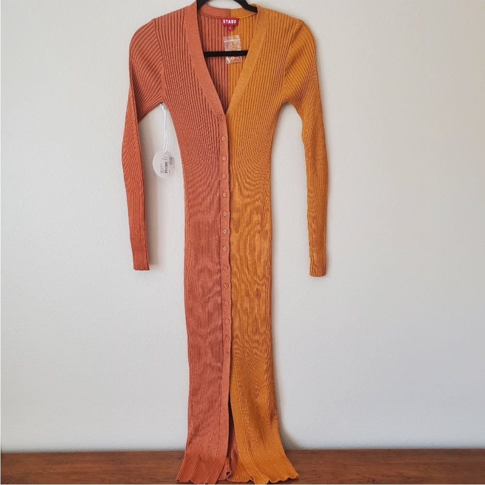 STAUD Ribbed Button-Front Midi Dress in Rust - Picture 4 of 5